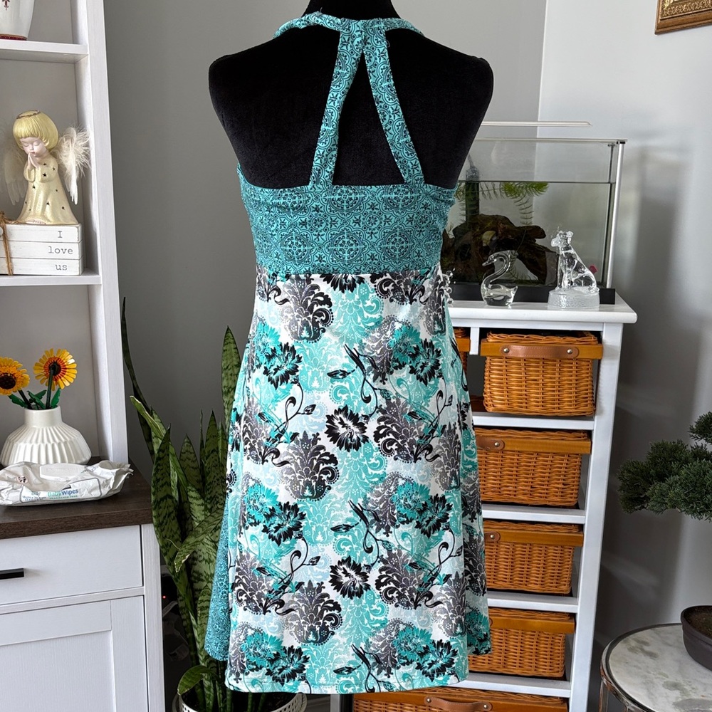 lola Teal Patchwork Mini Dress with Black & White Floral Accents - Picture 4 of 5